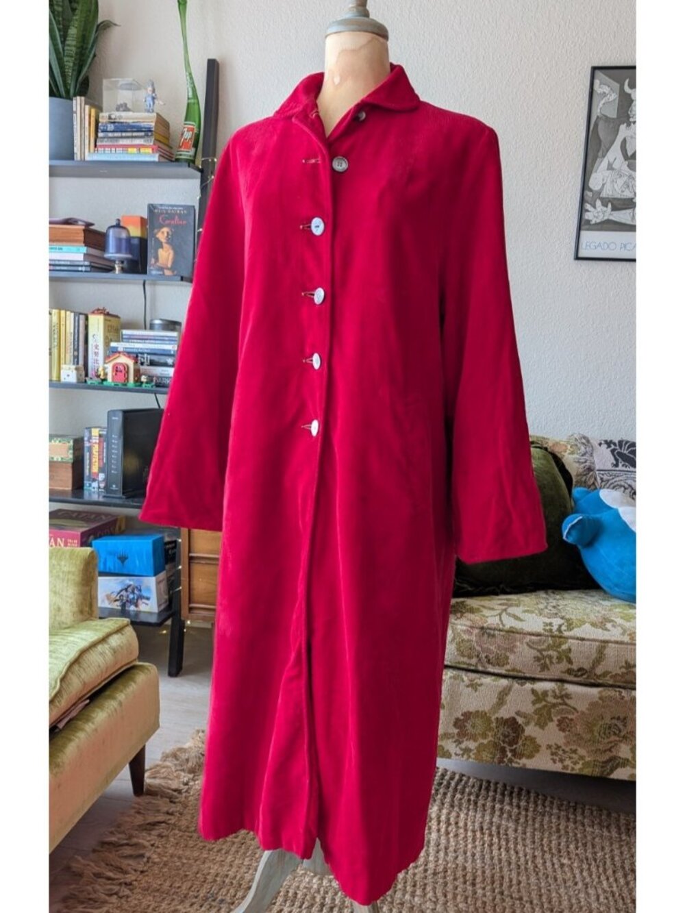 Vintage 50s Milner Women's Corduroy Rayon Lined Button Up Red Trench Coat LG USA
